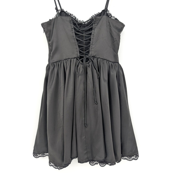 Black Satin Whimsigoth Renaissance Dark Fairy Corset Lace Up Regency Dress Large - Picture 2 of 10